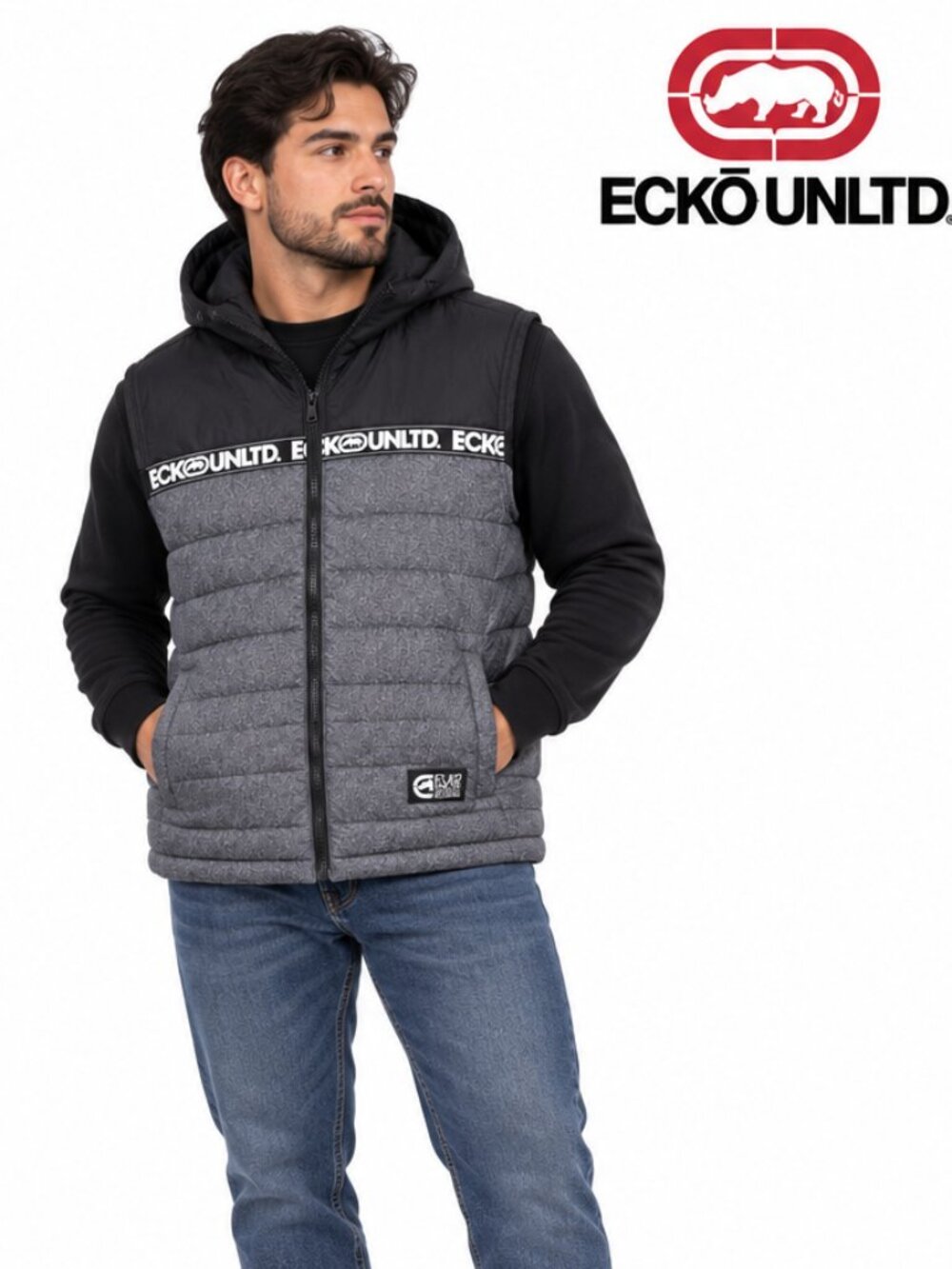 Ecko Unltd Mens Hooded Puffer Vest Grey Black Logo Tape Sleeveless Jacket XL